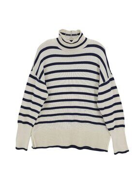 J MCLAUGHLIN Turtleneck Sweater Navy Blue Cream Striped Cotton Stretch EUC Large